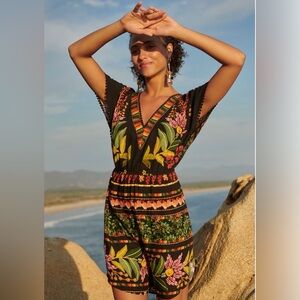 FARM RIO Nieves Cover-Up Tunic Dress Black Pom Poms  S